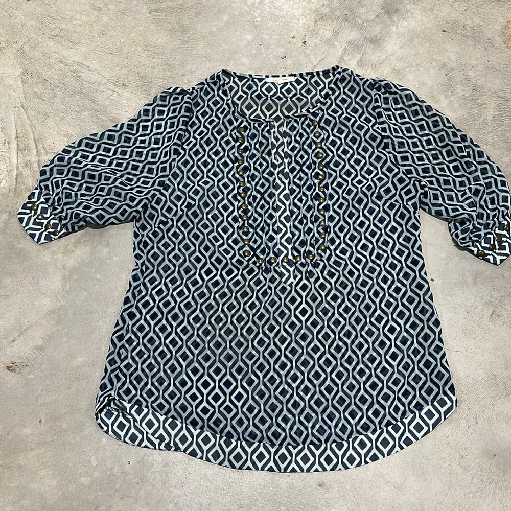 Teal with navy design sheet top with designer sleeves / Size‎ L